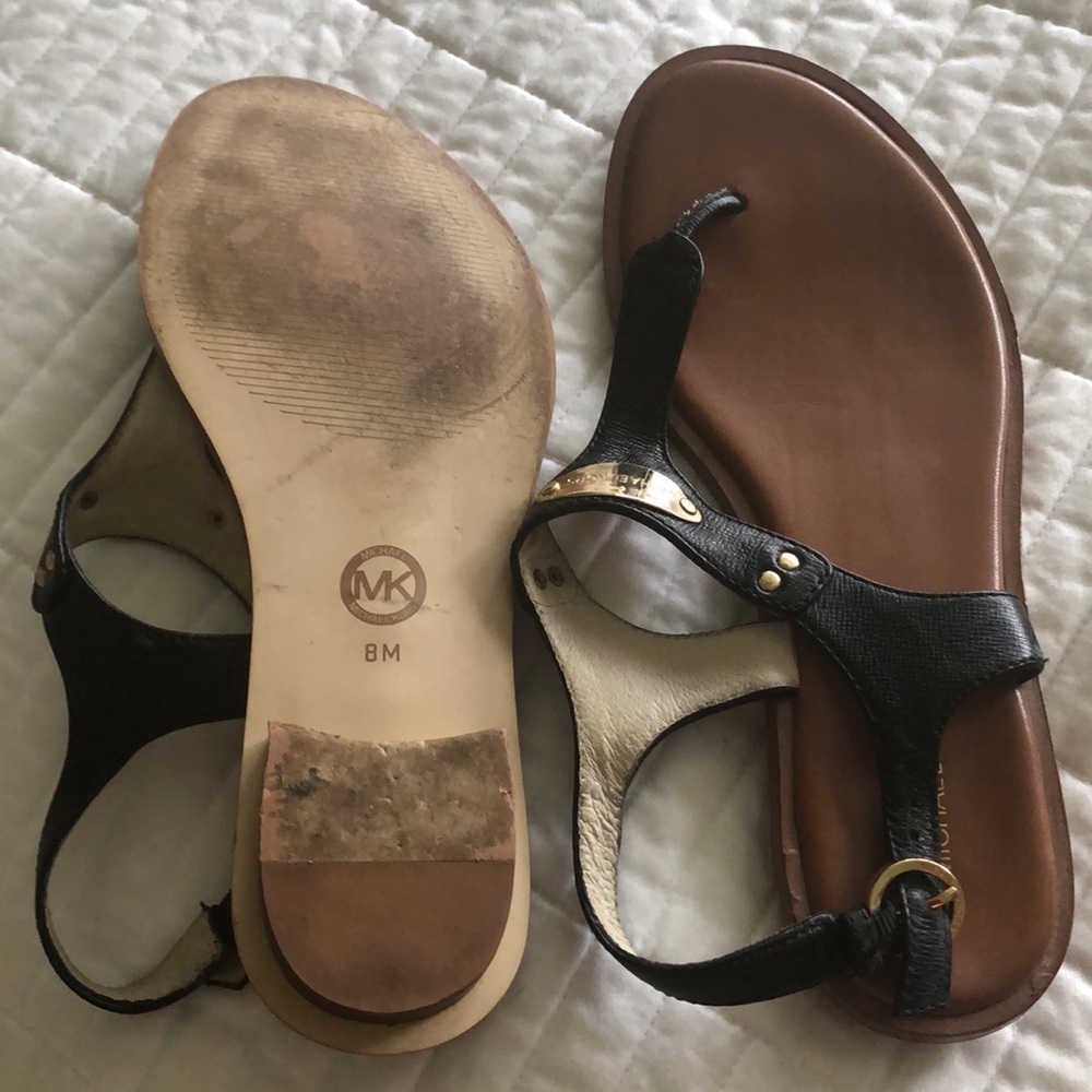 Michael Kors black leather sandal with gold. 8